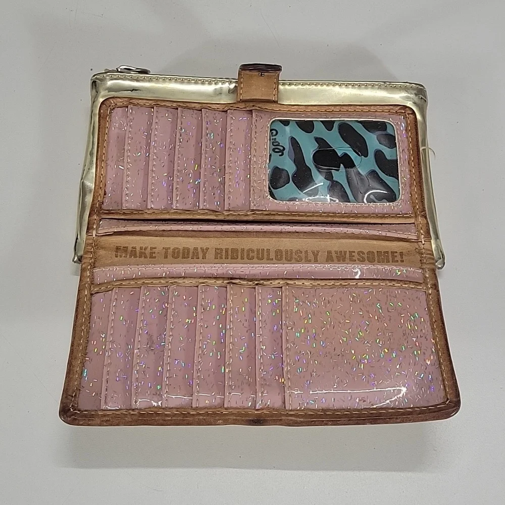 Consuela Metallic Gold PVC Clutch Wallet with Brown Leather Trim